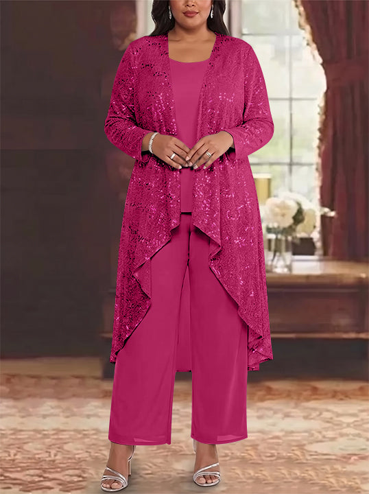 3 Pieces Chiffon Sequins Scoop Plus Size Mother of the Bride Pantsuits with Jacket Long Sleeves Ankle-Length