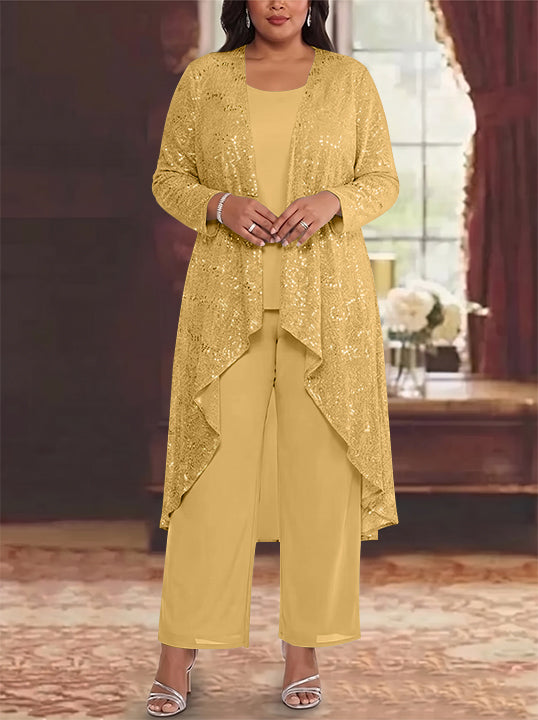 3 Pieces Chiffon Sequins Scoop Plus Size Mother of the Bride Pantsuits with Jacket Long Sleeves Ankle-Length