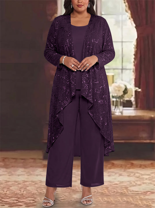 3 Pieces Chiffon Sequins Scoop Plus Size Mother of the Bride Pantsuits with Jacket Long Sleeves Ankle-Length