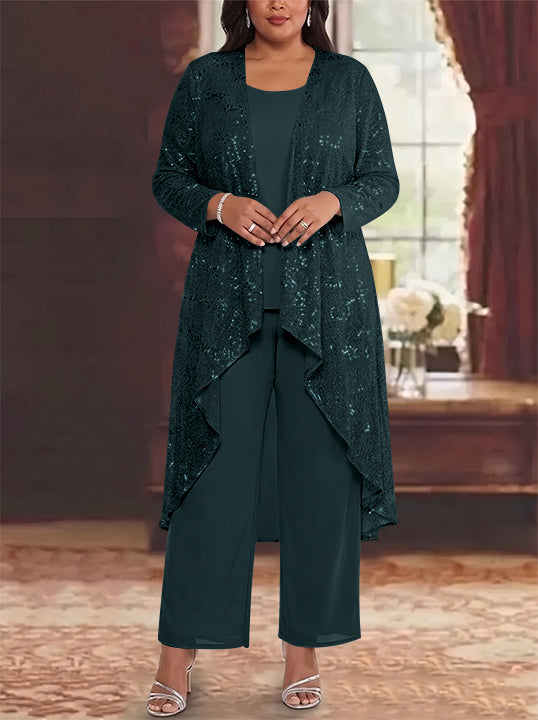 3 Pieces Chiffon Sequins Scoop Plus Size Mother of the Bride Pantsuits with Jacket Long Sleeves Ankle-Length