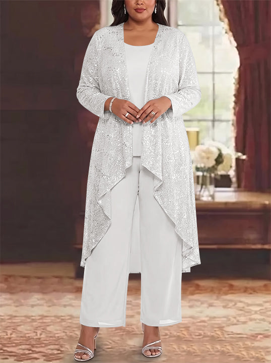 3 Pieces Chiffon Sequins Scoop Plus Size Mother of the Bride Pantsuits with Jacket Long Sleeves Ankle-Length