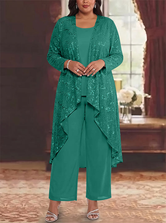 3 Pieces Chiffon Sequins Scoop Plus Size Mother of the Bride Pantsuits with Jacket Long Sleeves Ankle-Length
