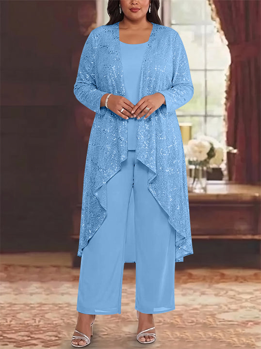 3 Pieces Chiffon Sequins Scoop Plus Size Mother of the Bride Pantsuits with Jacket Long Sleeves Ankle-Length