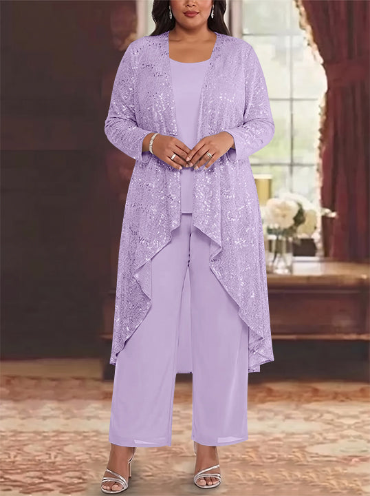 3 Pieces Chiffon Sequins Scoop Plus Size Mother of the Bride Pantsuits with Jacket Long Sleeves Ankle-Length