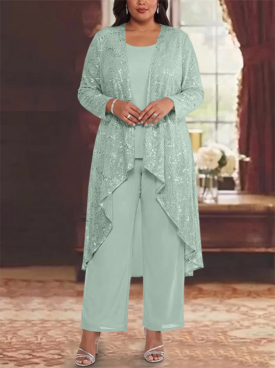 3 Pieces Chiffon Sequins Scoop Plus Size Mother of the Bride Pantsuits with Jacket Long Sleeves Ankle-Length