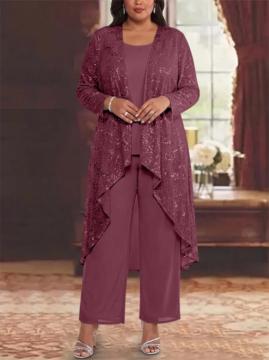 3 Pieces Chiffon Sequins Scoop Plus Size Mother of the Bride Pantsuits with Jacket Long Sleeves Ankle-Length