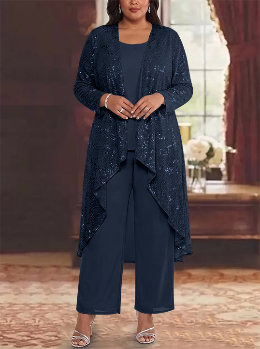 3 Pieces Chiffon Sequins Scoop Plus Size Mother of the Bride Pantsuits with Jacket Long Sleeves Ankle-Length