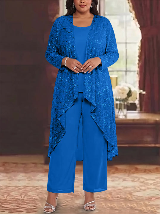 3 Pieces Chiffon Sequins Scoop Plus Size Mother of the Bride Pantsuits with Jacket Long Sleeves Ankle-Length