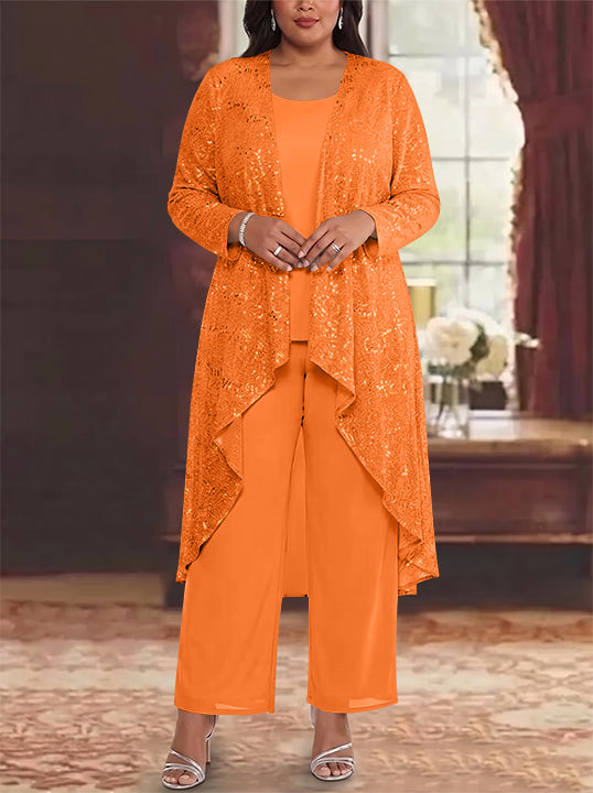 3 Pieces Chiffon Sequins Scoop Plus Size Mother of the Bride Pantsuits with Jacket Long Sleeves Ankle-Length