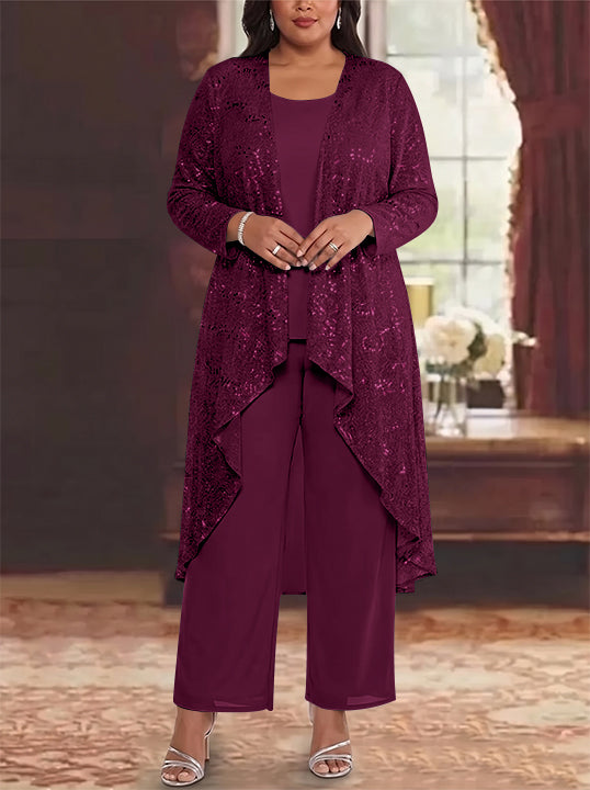 3 Pieces Chiffon Sequins Scoop Plus Size Mother of the Bride Pantsuits with Jacket Long Sleeves Ankle-Length
