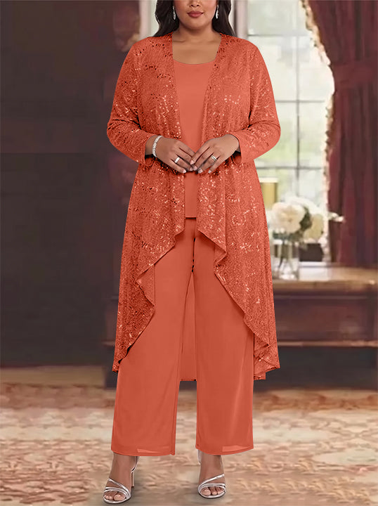 3 Pieces Chiffon Sequins Scoop Plus Size Mother of the Bride Pantsuits with Jacket Long Sleeves Ankle-Length