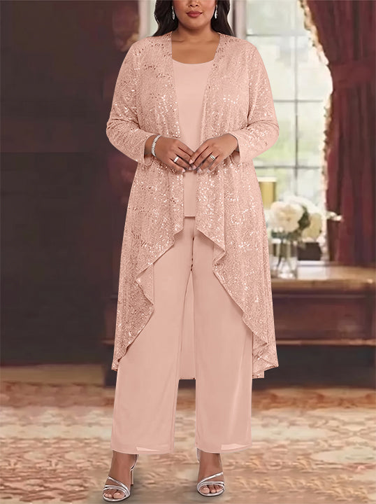 3 Pieces Chiffon Sequins Scoop Plus Size Mother of the Bride Pantsuits with Jacket Long Sleeves Ankle-Length