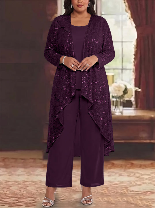 3 Pieces Chiffon Sequins Scoop Plus Size Mother of the Bride Pantsuits with Jacket Long Sleeves Ankle-Length