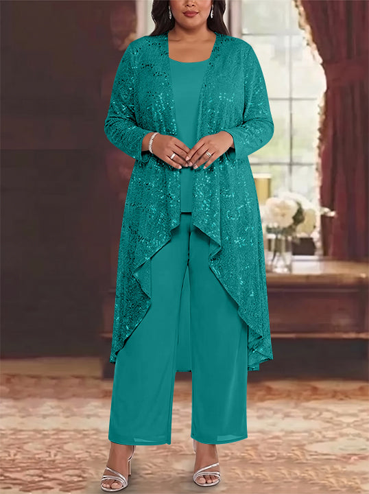 3 Pieces Chiffon Sequins Scoop Plus Size Mother of the Bride Pantsuits with Jacket Long Sleeves Ankle-Length