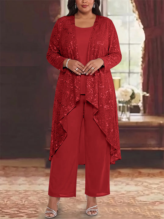 3 Pieces Chiffon Sequins Scoop Plus Size Mother of the Bride Pantsuits with Jacket Long Sleeves Ankle-Length