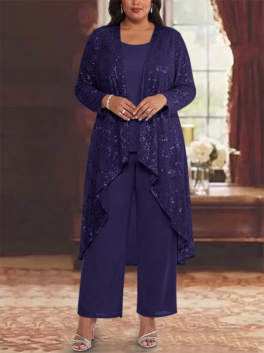 3 Pieces Chiffon Sequins Scoop Plus Size Mother of the Bride Pantsuits with Jacket Long Sleeves Ankle-Length