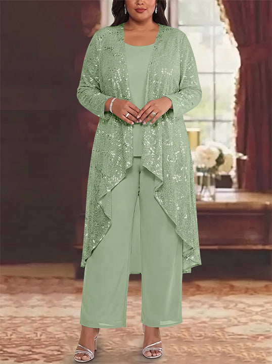 3 Pieces Chiffon Sequins Scoop Plus Size Mother of the Bride Pantsuits with Jacket Long Sleeves Ankle-Length