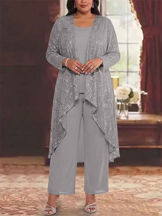 3 Pieces Chiffon Sequins Scoop Plus Size Mother of the Bride Pantsuits with Jacket Long Sleeves Ankle-Length
