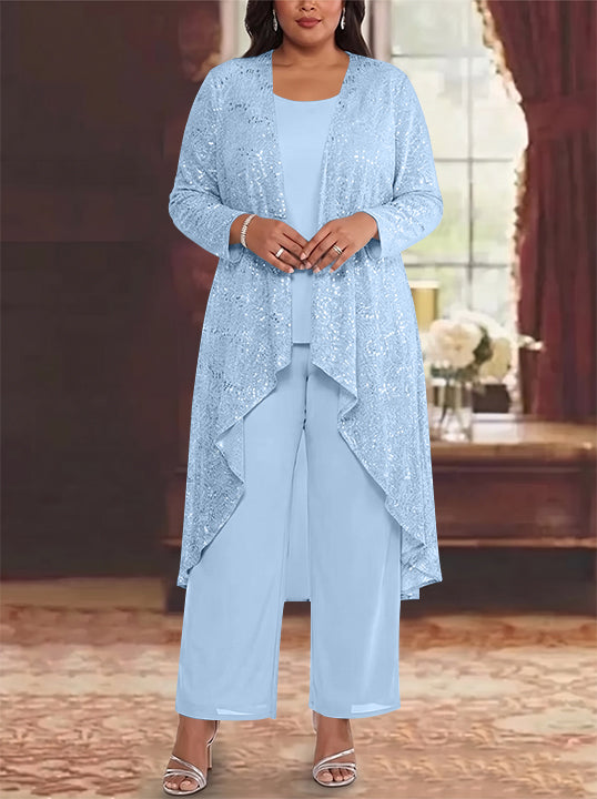 3 Pieces Chiffon Sequins Scoop Plus Size Mother of the Bride Pantsuits with Jacket Long Sleeves Ankle-Length