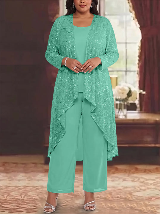 3 Pieces Chiffon Sequins Scoop Plus Size Mother of the Bride Pantsuits with Jacket Long Sleeves Ankle-Length