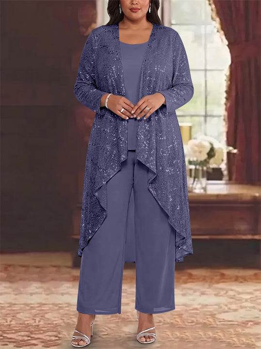 3 Pieces Chiffon Sequins Scoop Plus Size Mother of the Bride Pantsuits with Jacket Long Sleeves Ankle-Length