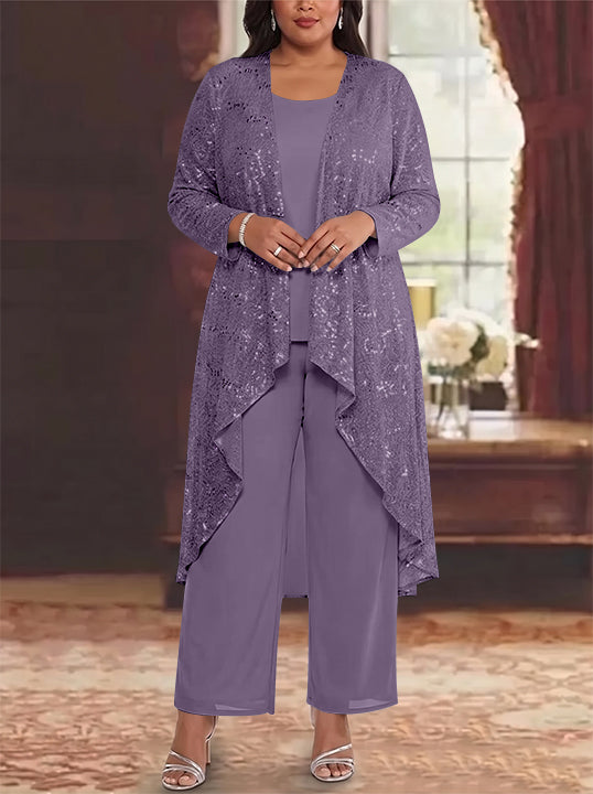 3 Pieces Chiffon Sequins Scoop Plus Size Mother of the Bride Pantsuits with Jacket Long Sleeves Ankle-Length