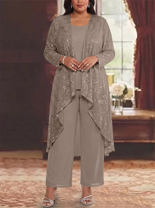 3 Pieces Chiffon Sequins Scoop Plus Size Mother of the Bride Pantsuits with Jacket Long Sleeves Ankle-Length