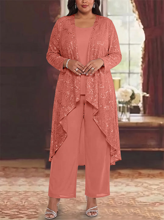 3 Pieces Chiffon Sequins Scoop Plus Size Mother of the Bride Pantsuits with Jacket Long Sleeves Ankle-Length