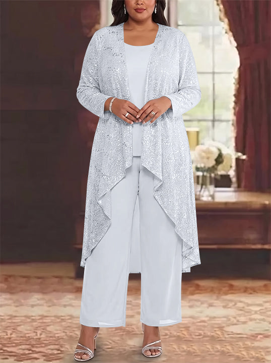 3 Pieces Chiffon Sequins Scoop Plus Size Mother of the Bride Pantsuits with Jacket Long Sleeves Ankle-Length