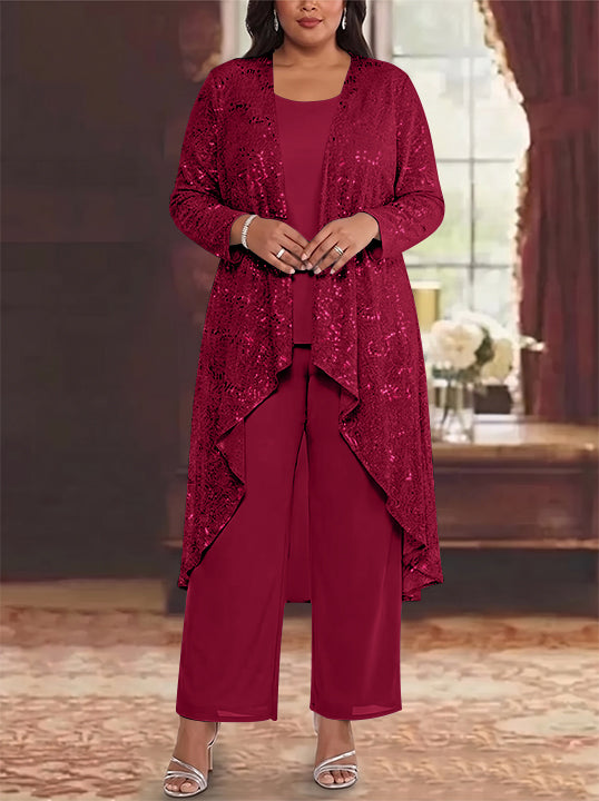 3 Pieces Chiffon Sequins Scoop Plus Size Mother of the Bride Pantsuits with Jacket Long Sleeves Ankle-Length
