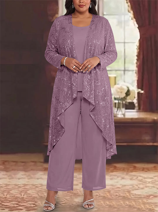 3 Pieces Chiffon Sequins Scoop Plus Size Mother of the Bride Pantsuits with Jacket Long Sleeves Ankle-Length