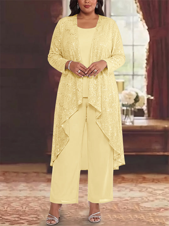 3 Pieces Chiffon Sequins Scoop Plus Size Mother of the Bride Pantsuits with Jacket Long Sleeves Ankle-Length