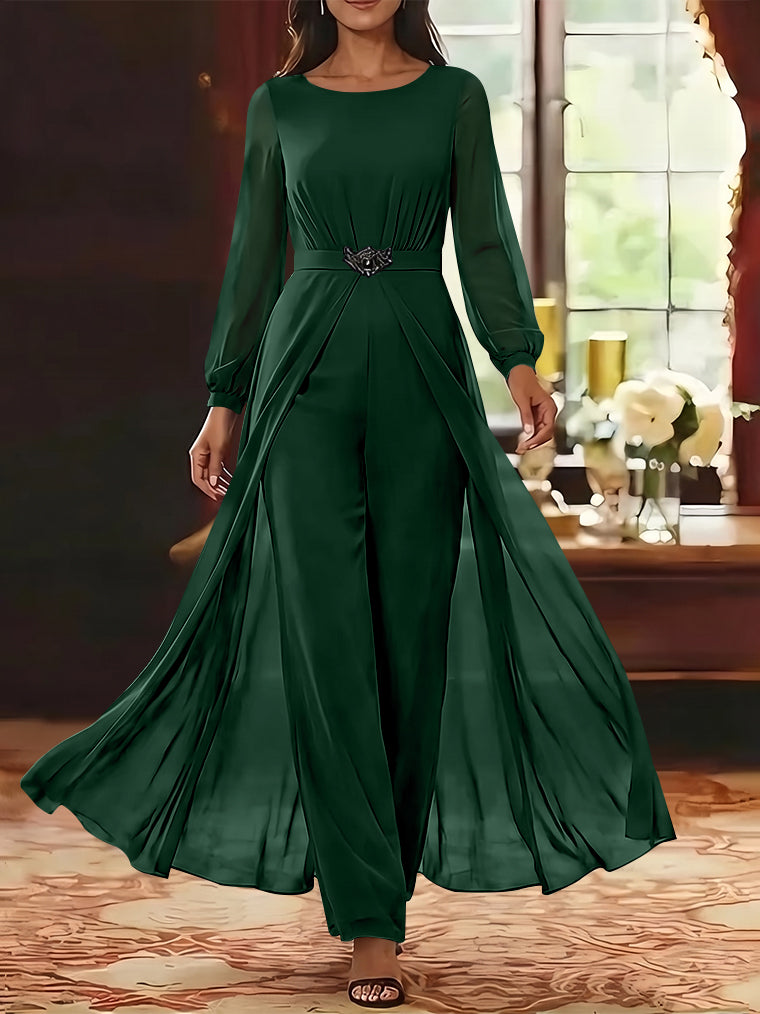 Jumpsuit Scoop Chiffon Mother of the Bride Jumpsuit with Overskirt Ankle-Length Long Sleeves