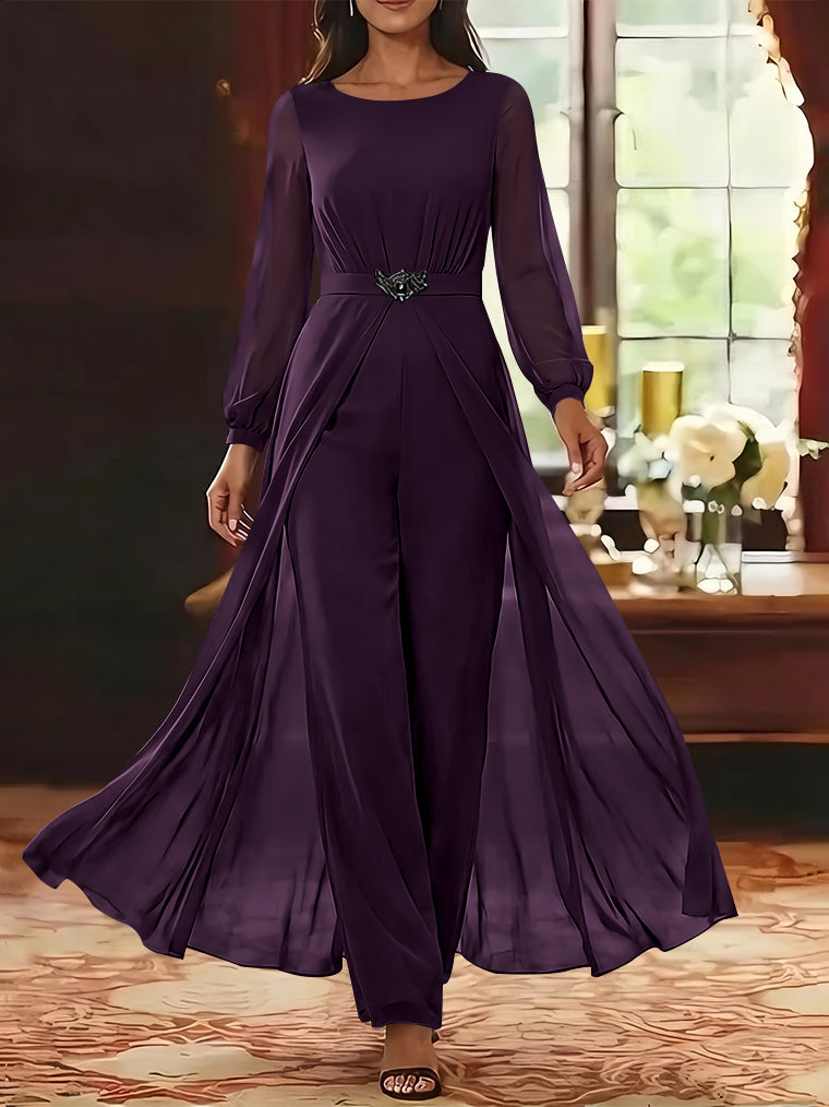 Jumpsuit Scoop Chiffon Mother of the Bride Jumpsuit with Overskirt Ankle-Length Long Sleeves