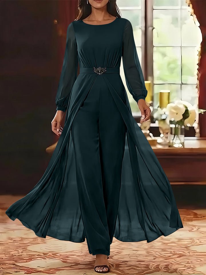 Jumpsuit Scoop Chiffon Mother of the Bride Jumpsuit with Overskirt Ankle-Length Long Sleeves