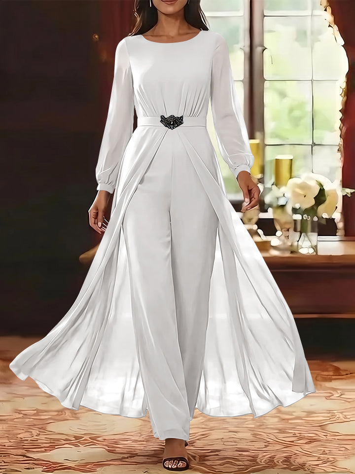 Jumpsuit Scoop Chiffon Mother of the Bride Jumpsuit with Overskirt Ankle-Length Long Sleeves