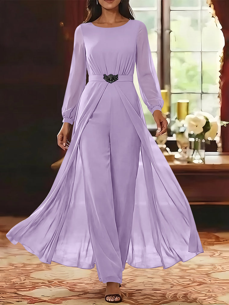 Jumpsuit Scoop Chiffon Mother of the Bride Jumpsuit with Overskirt Ankle-Length Long Sleeves
