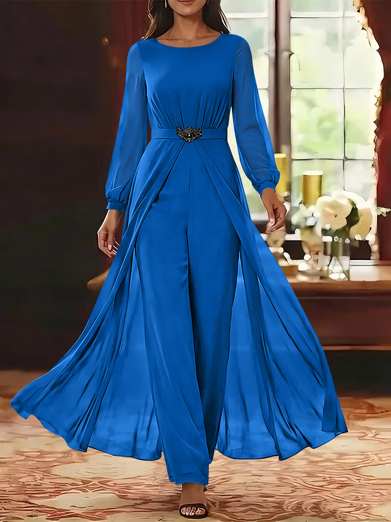 Jumpsuit Scoop Chiffon Mother of the Bride Jumpsuit with Overskirt Ankle-Length Long Sleeves