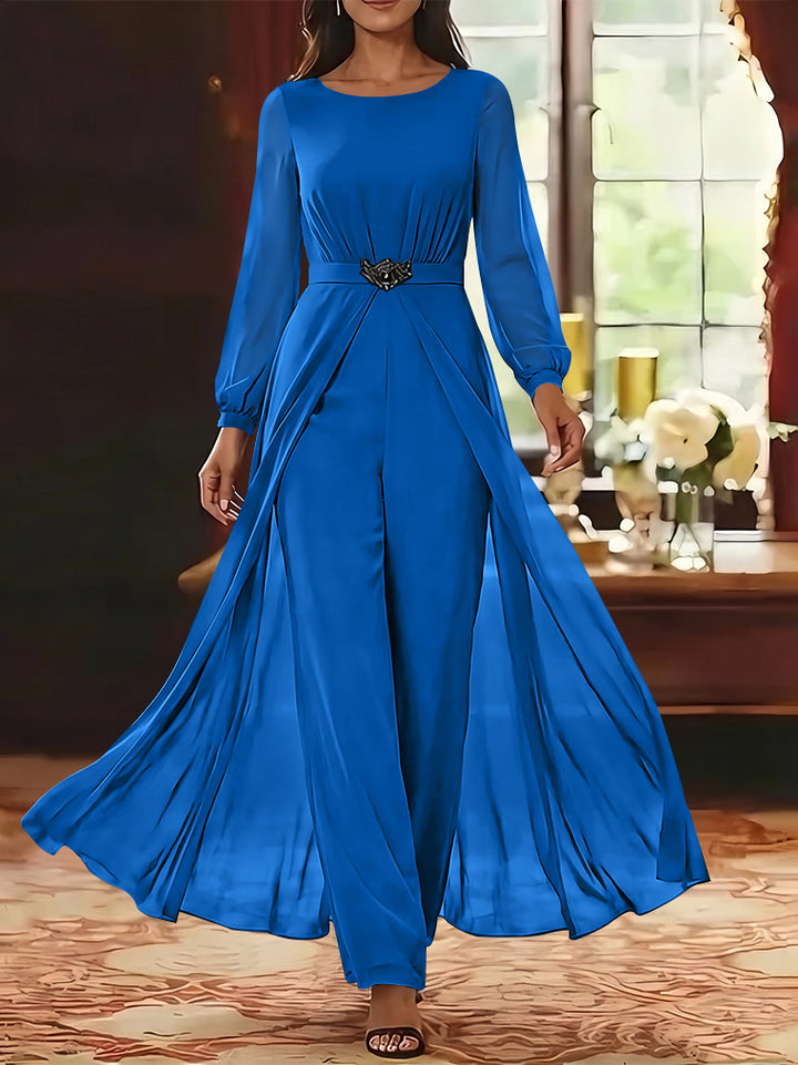 Jumpsuit Scoop Chiffon Mother of the Bride Jumpsuit with Overskirt Ankle-Length Long Sleeves