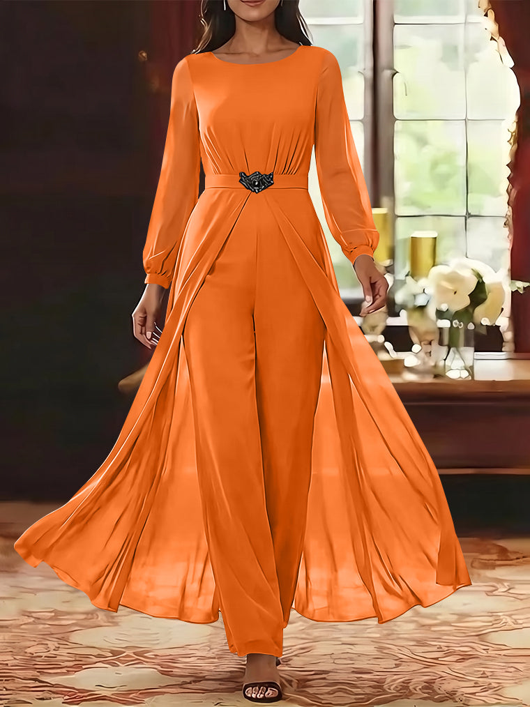 Jumpsuit Scoop Chiffon Mother of the Bride Jumpsuit with Overskirt Ankle-Length Long Sleeves