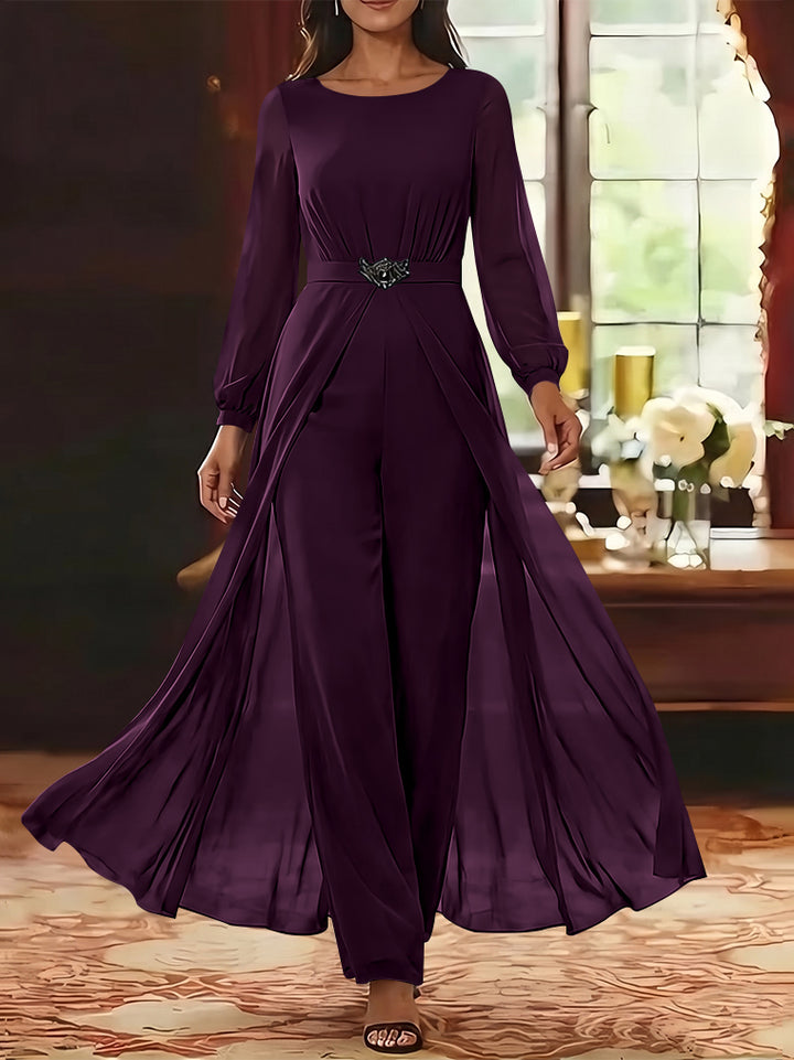 Jumpsuit Scoop Chiffon Mother of the Bride Jumpsuit with Overskirt Ankle-Length Long Sleeves
