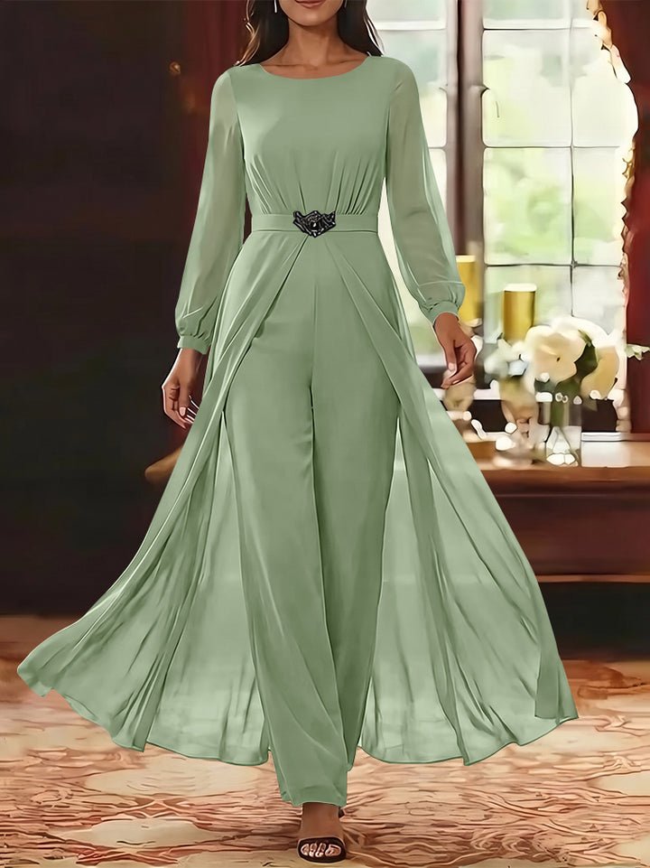 Jumpsuit Scoop Chiffon Mother of the Bride Jumpsuit with Overskirt Ankle-Length Long Sleeves