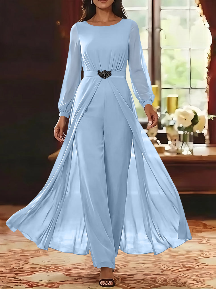 Jumpsuit Scoop Chiffon Mother of the Bride Jumpsuit with Overskirt Ankle-Length Long Sleeves