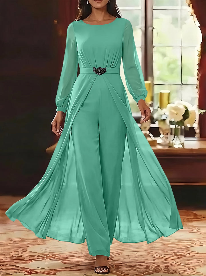 Jumpsuit Scoop Chiffon Mother of the Bride Jumpsuit with Overskirt Ankle-Length Long Sleeves