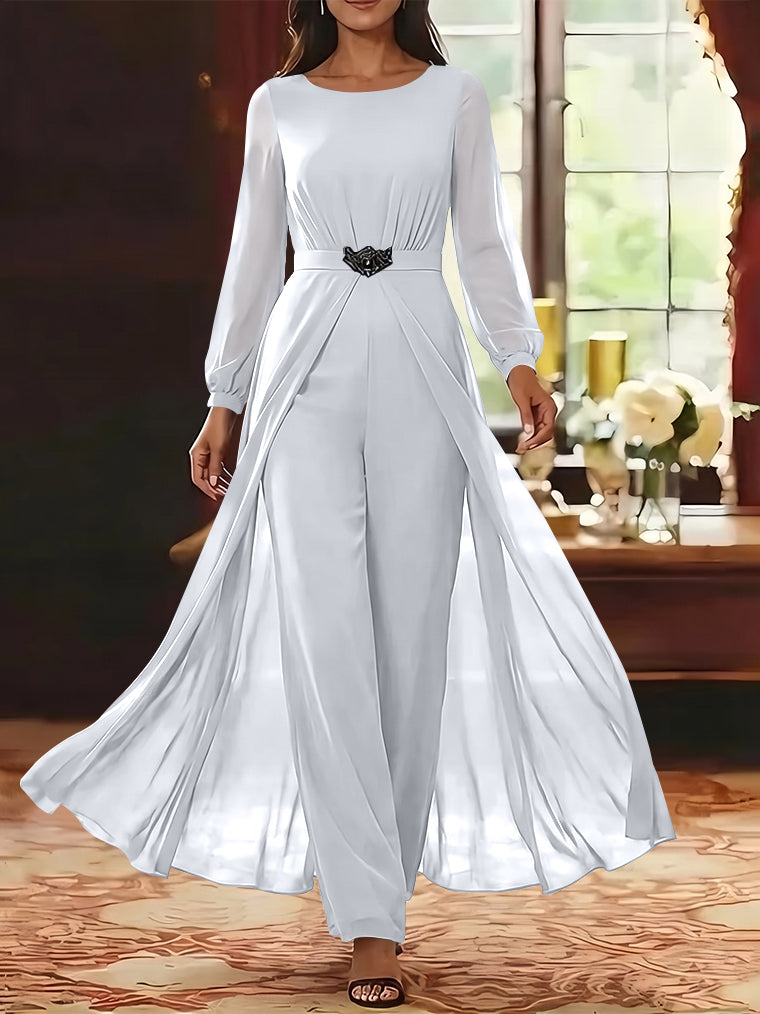 Jumpsuit Scoop Chiffon Mother of the Bride Jumpsuit with Overskirt Ankle-Length Long Sleeves