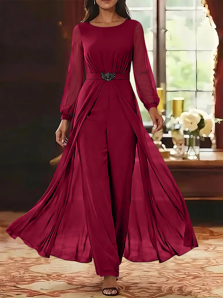 Jumpsuit Scoop Chiffon Mother of the Bride Jumpsuit with Overskirt Ankle-Length Long Sleeves