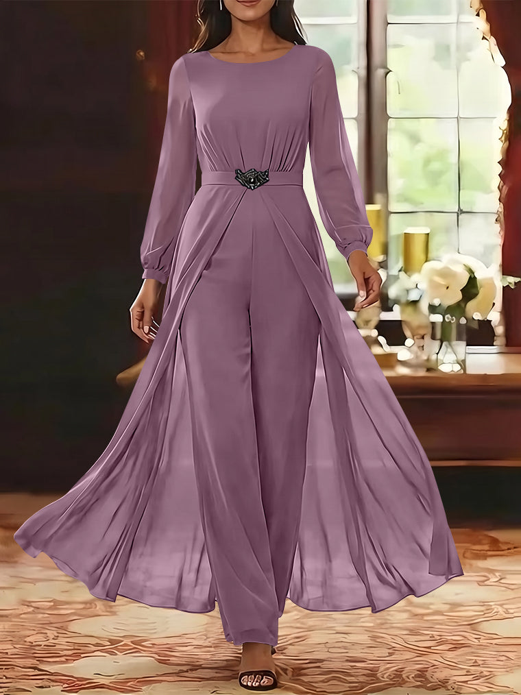 Jumpsuit Scoop Chiffon Mother of the Bride Jumpsuit with Overskirt Ankle-Length Long Sleeves