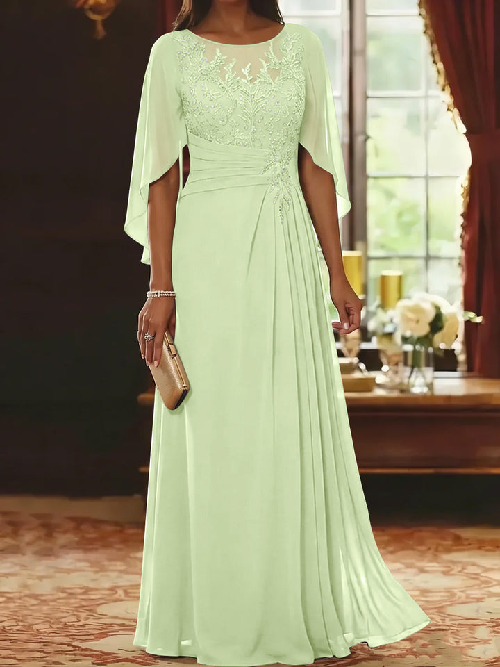 A-Line/Princess Scoop Chiffon Mother of the Bride Dresses Lace Half Sleeves Floor-Length