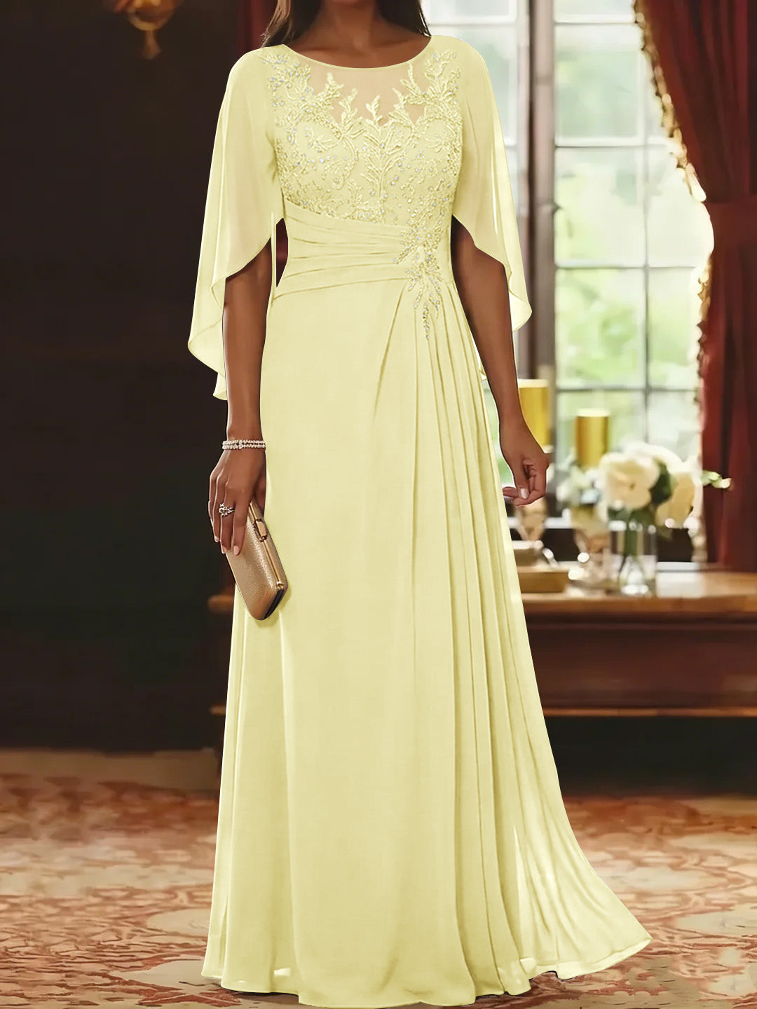 A-Line/Princess Scoop Chiffon Mother of the Bride Dresses Lace Half Sleeves Floor-Length