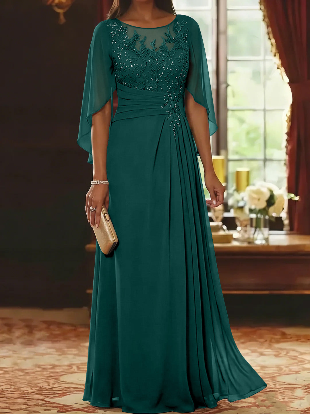 A-Line/Princess Scoop Chiffon Mother of the Bride Dresses Lace Half Sleeves Floor-Length